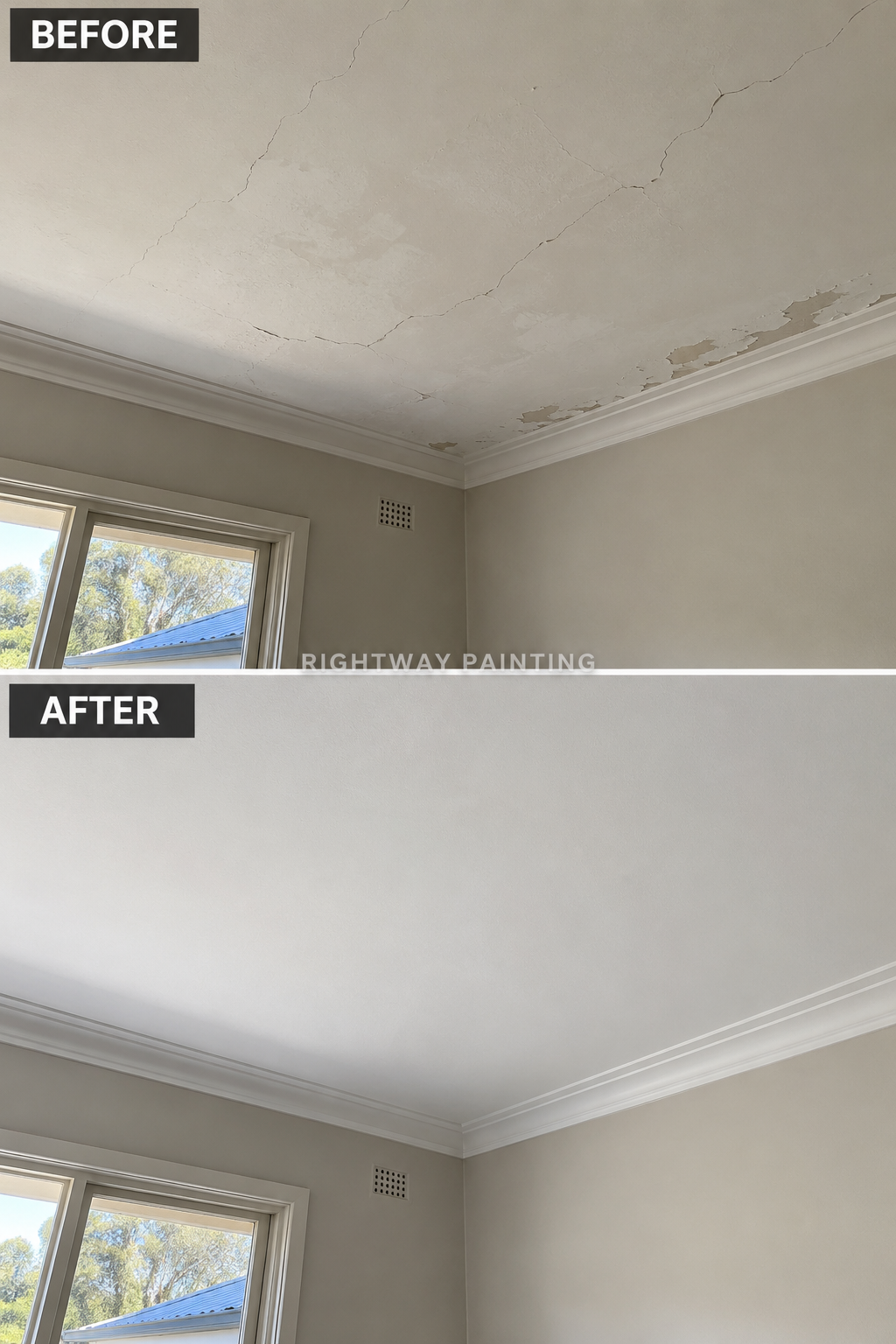 Cracked ceiling before and after repair