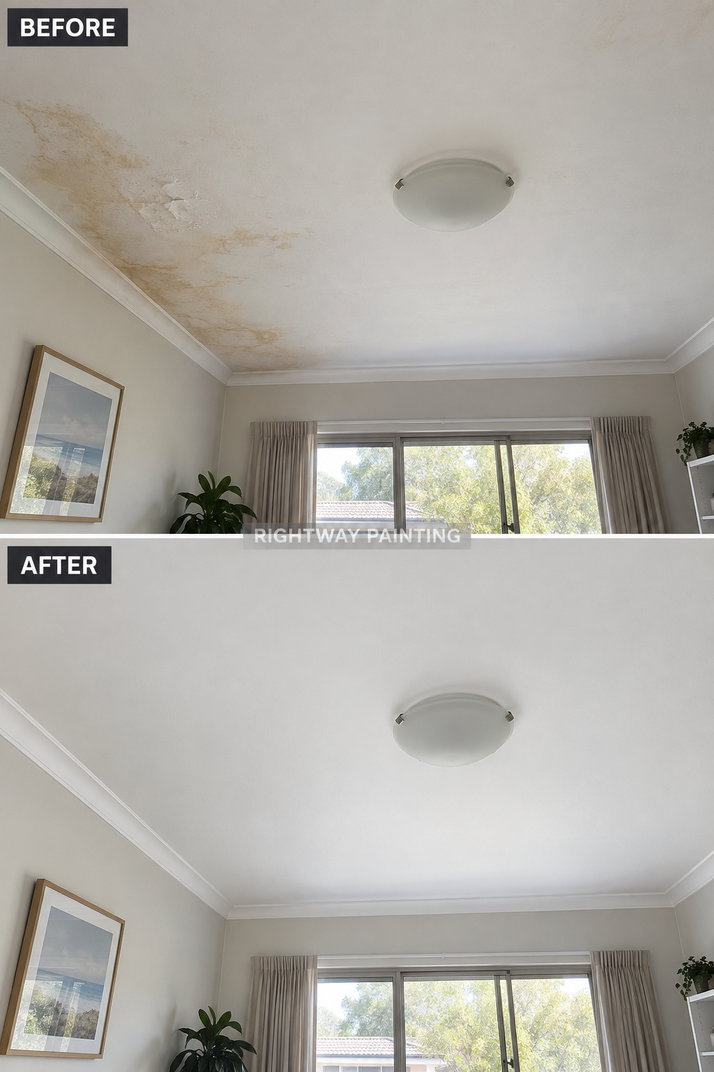 Water-stained ceiling before and after repair