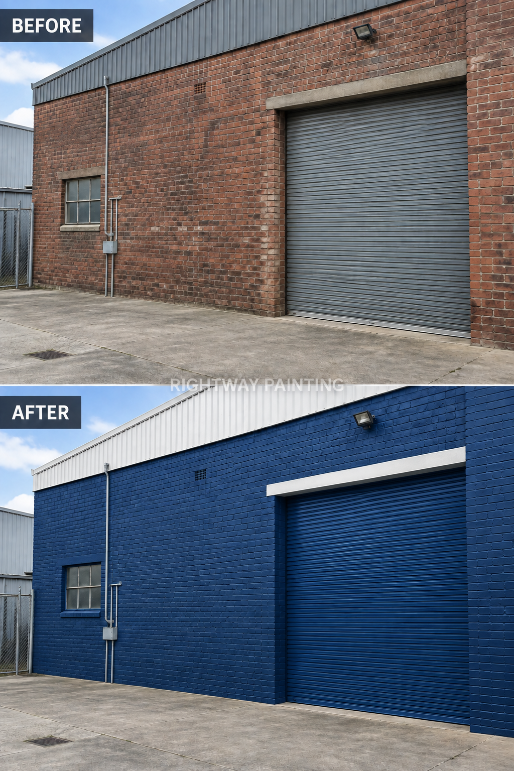Commercial brick warehouse before and after blue repaint