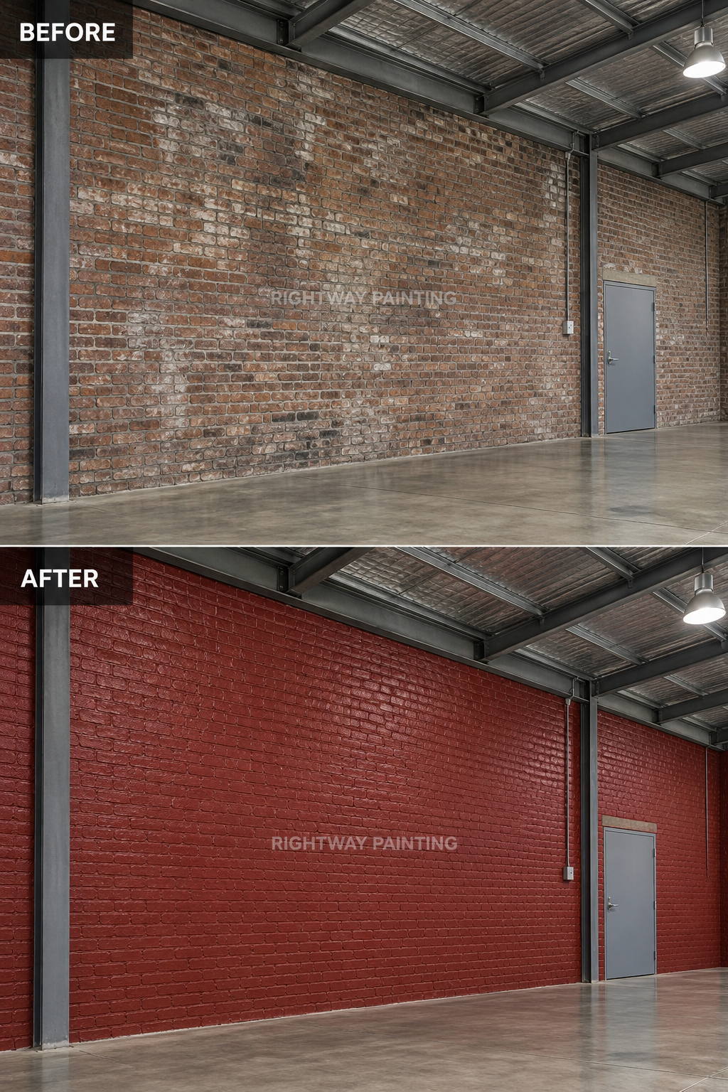 Commercial brick interior before and after red repaint