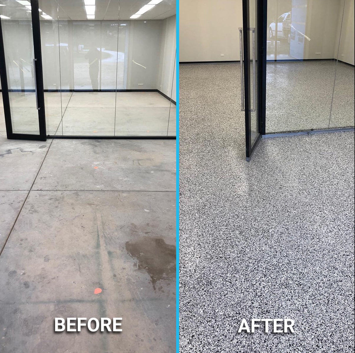 Before and after epoxy flake flooring in a commercial office
