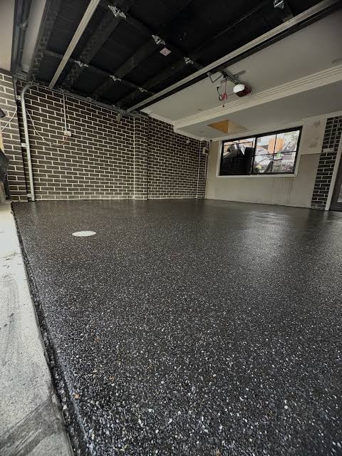 Dark charcoal flake epoxy garage floor