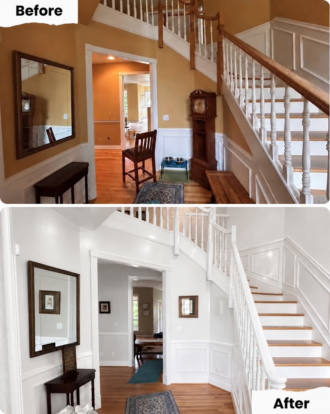 Before and after staircase painted in white gloss