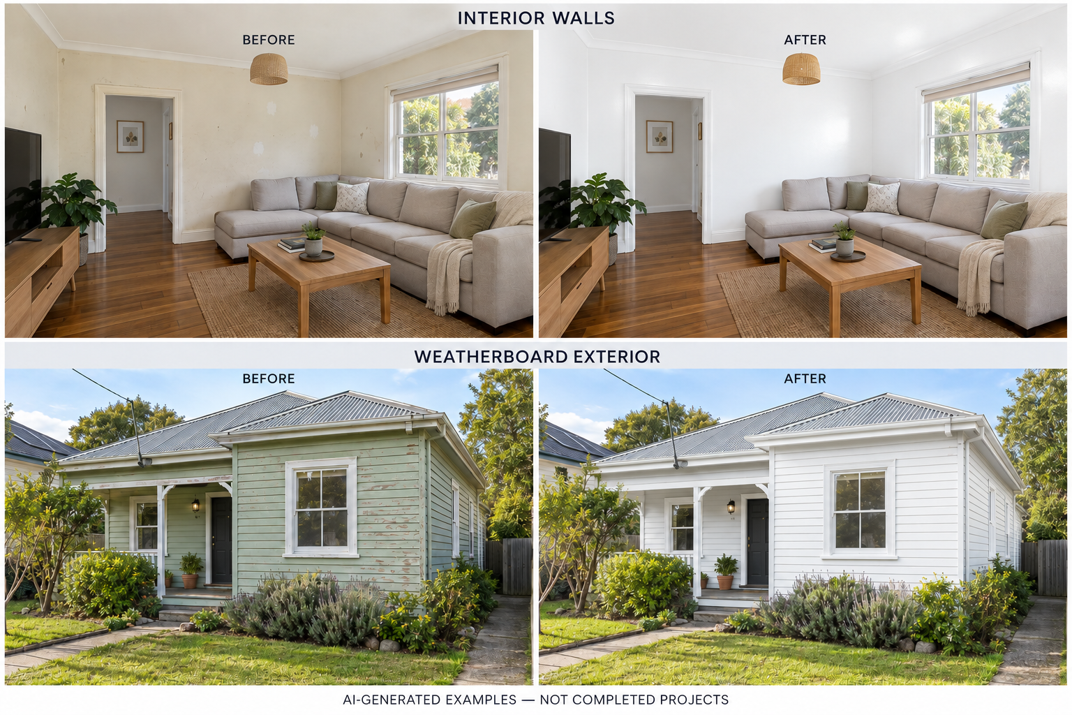 Before and after painting examples for interior walls and weatherboard exterior
