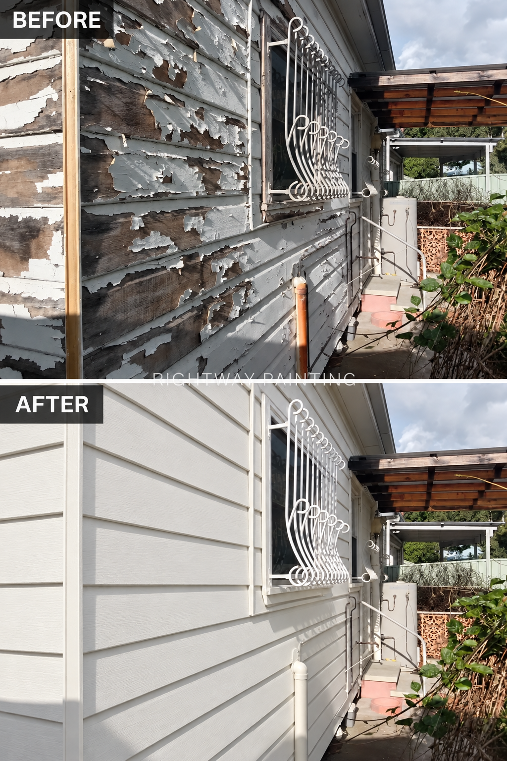 Before and after Surfmist weatherboard repaint