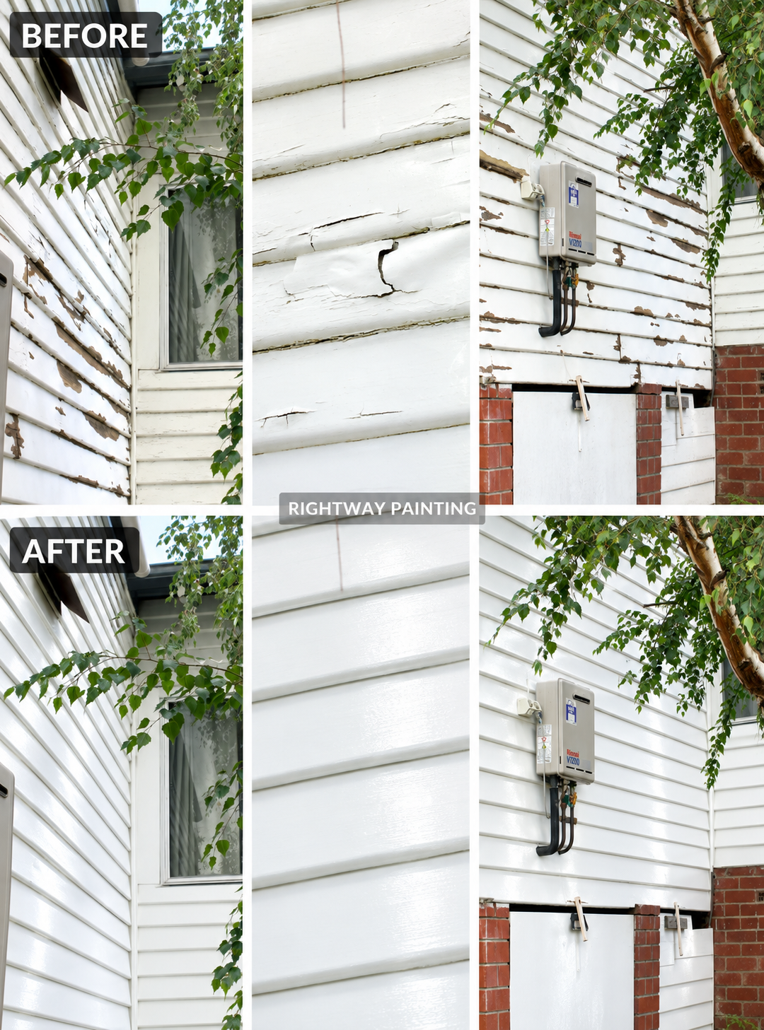 Multiple before and after views of white gloss weatherboards
