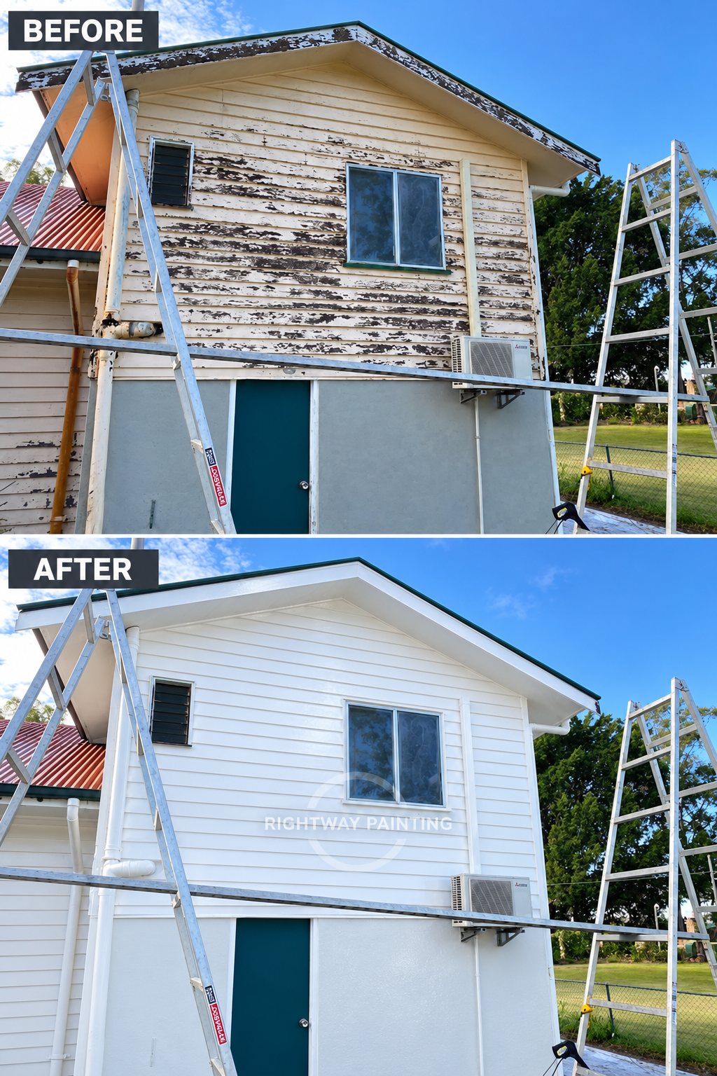 Peeling weatherboard exterior restored and painted white